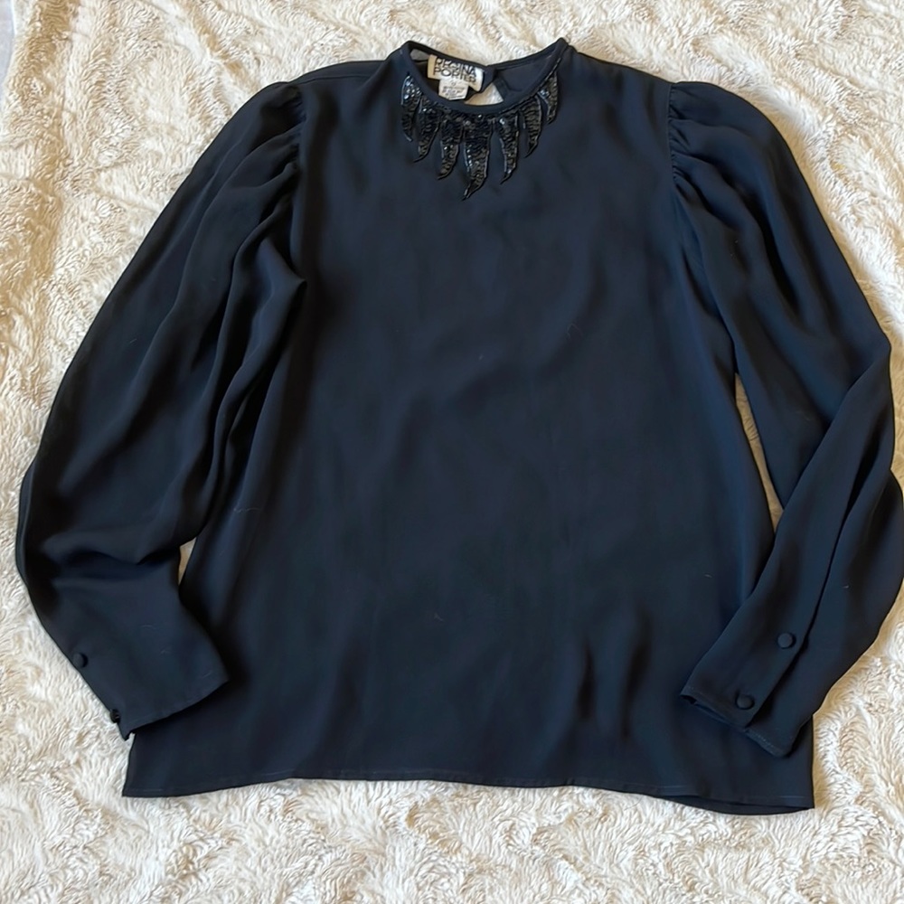 Regina Porter Black Crew Neck Neckline Sequins/Beads Long Sleeve Blouse Size 12